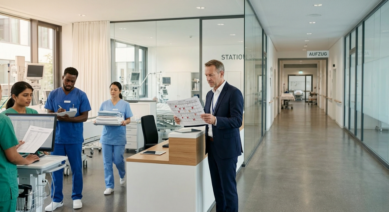 Pflegeteam arbeitet zusammen in einer modernen Krankenhausumgebung